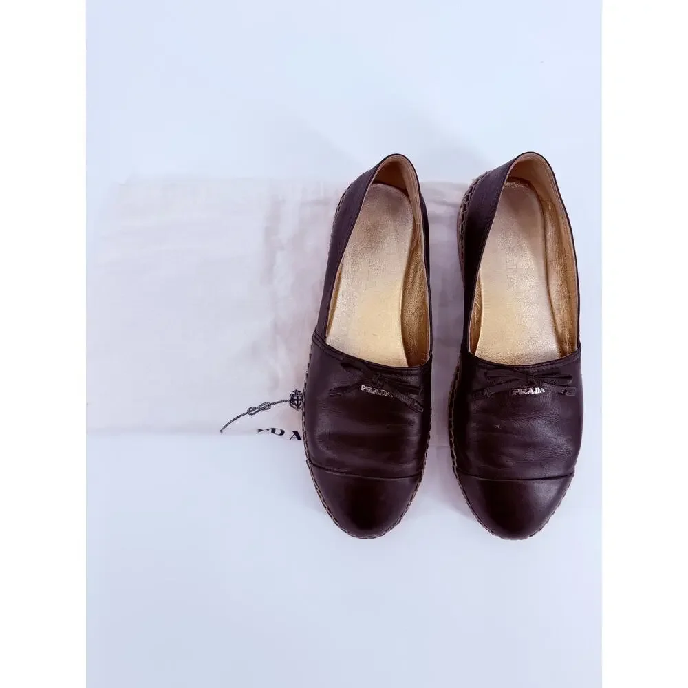Prada Black Leather Cap Toe Espadrille Bow Ballerina Jute Slip On Flats 39